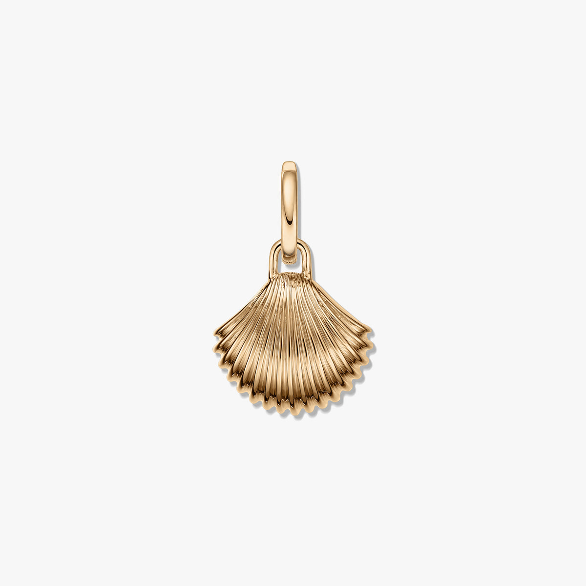 Golden shell silver pendant with a ridged fan shape and polished finish on a white background.