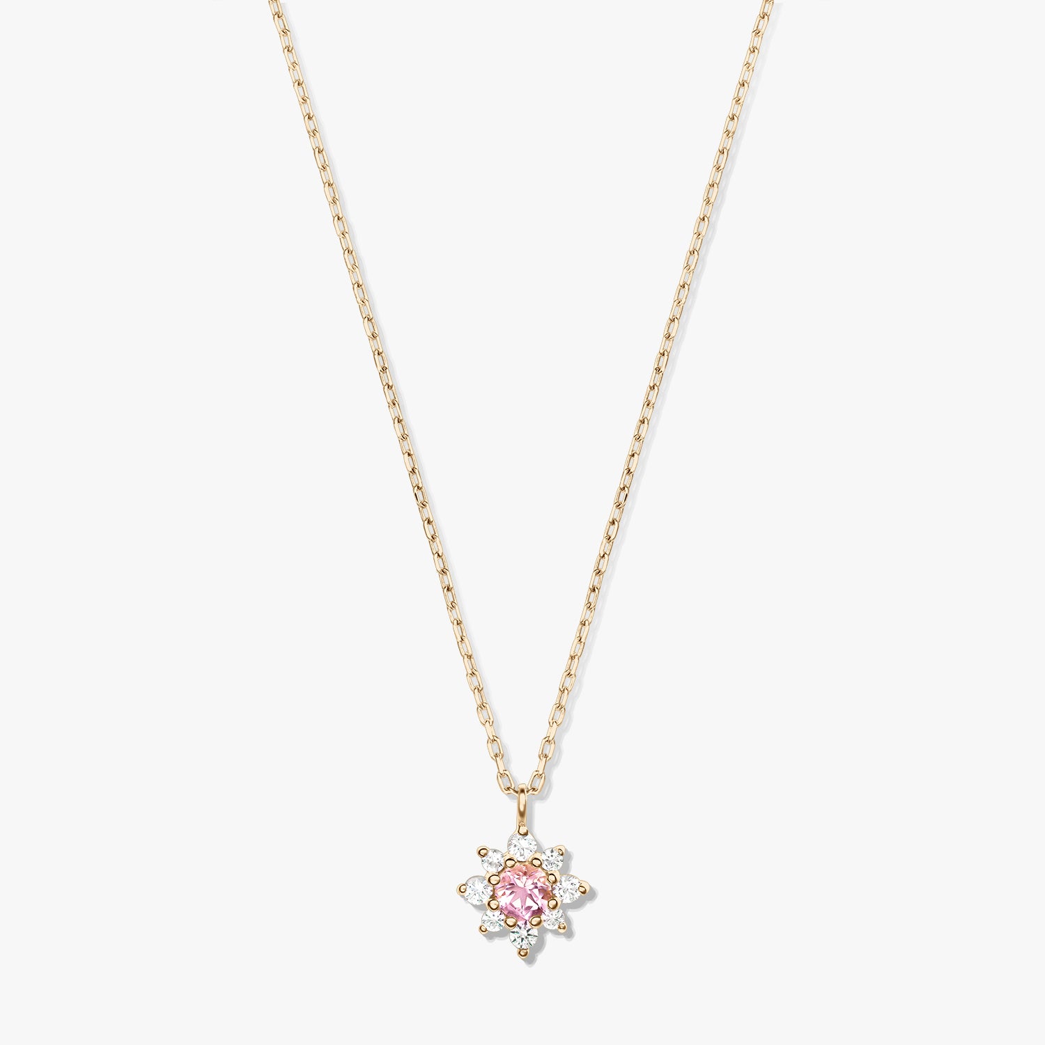 14K yellow gold necklace with a delicate chain and a floral pendant featuring a pink morganite center surrounded by white sapphires on a white background.