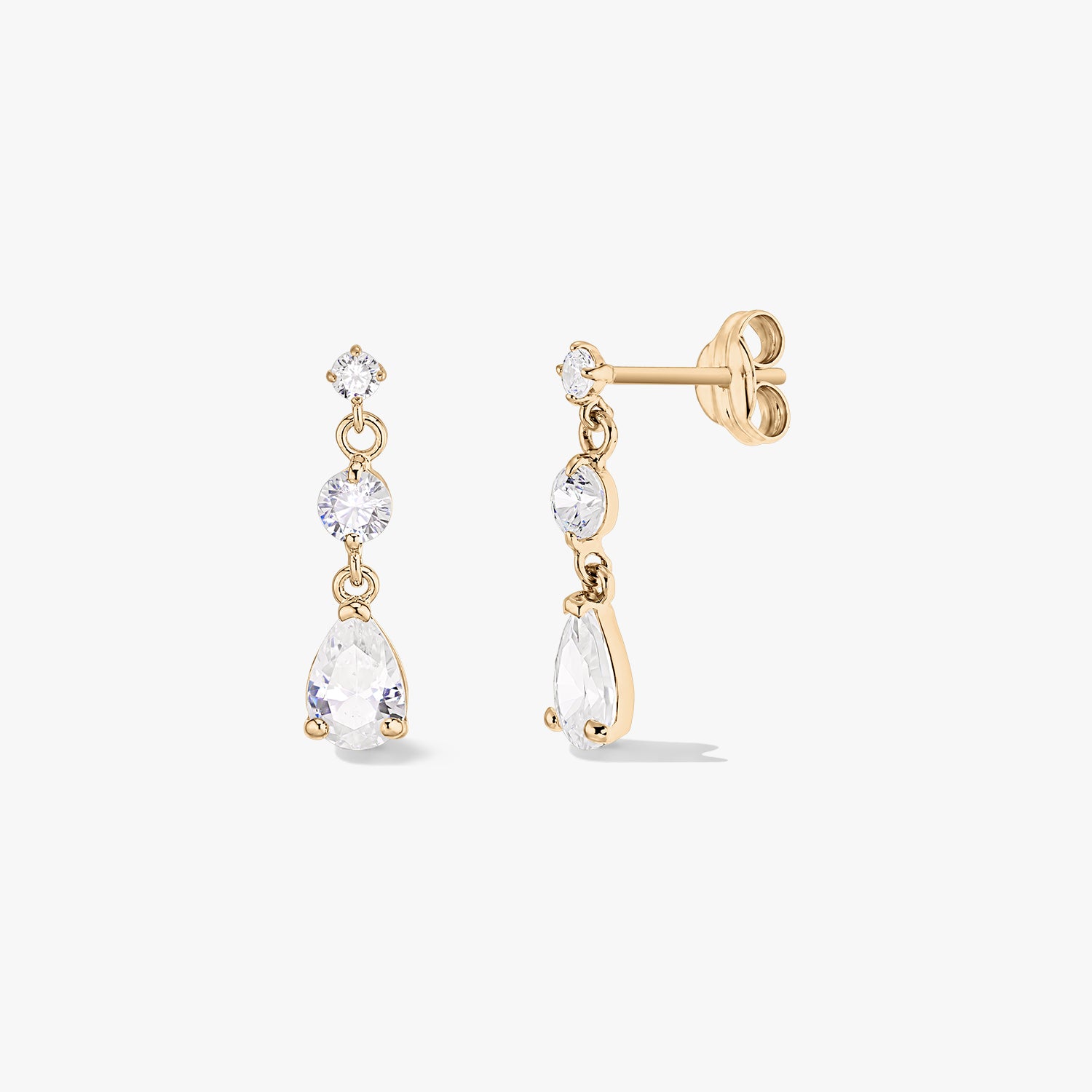 Pair of 14K yellow gold rain drop earrings with three white zirconia stones (round and pear cut), shown front and side on a white background.
