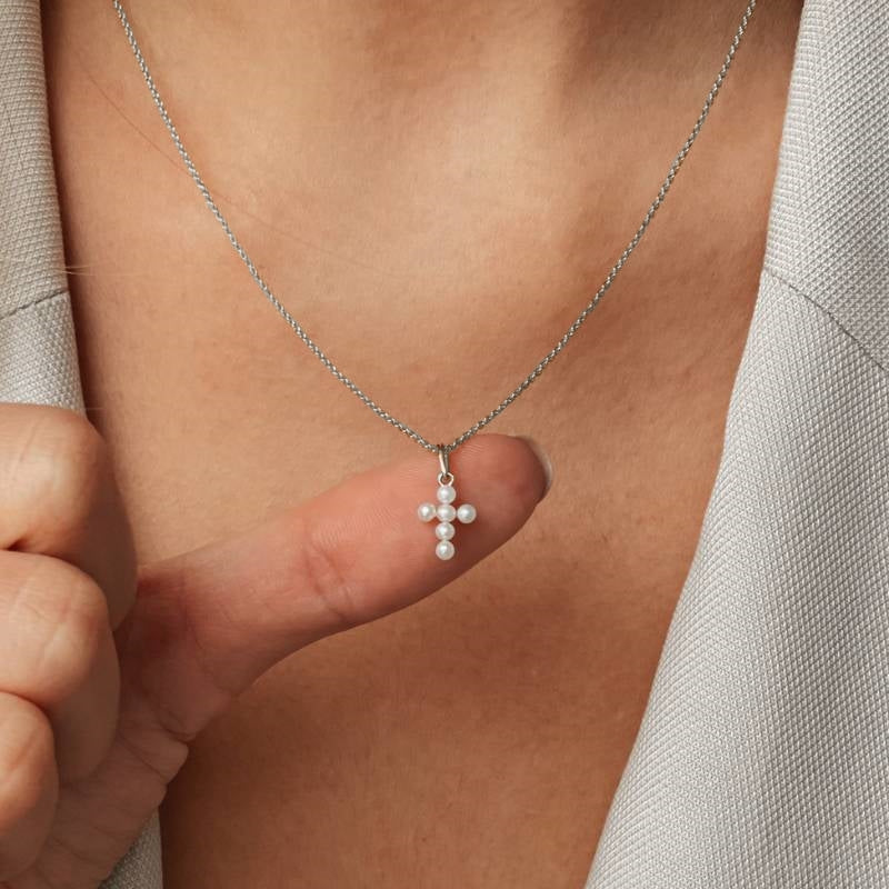 Fehérarany Pearl Cross medál - Természetes gyöngyök - Indira