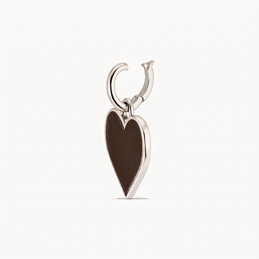Sterling silver, rhodium‑plated heart pendant with a glossy brown center and hoop bail, isolated on a white background.