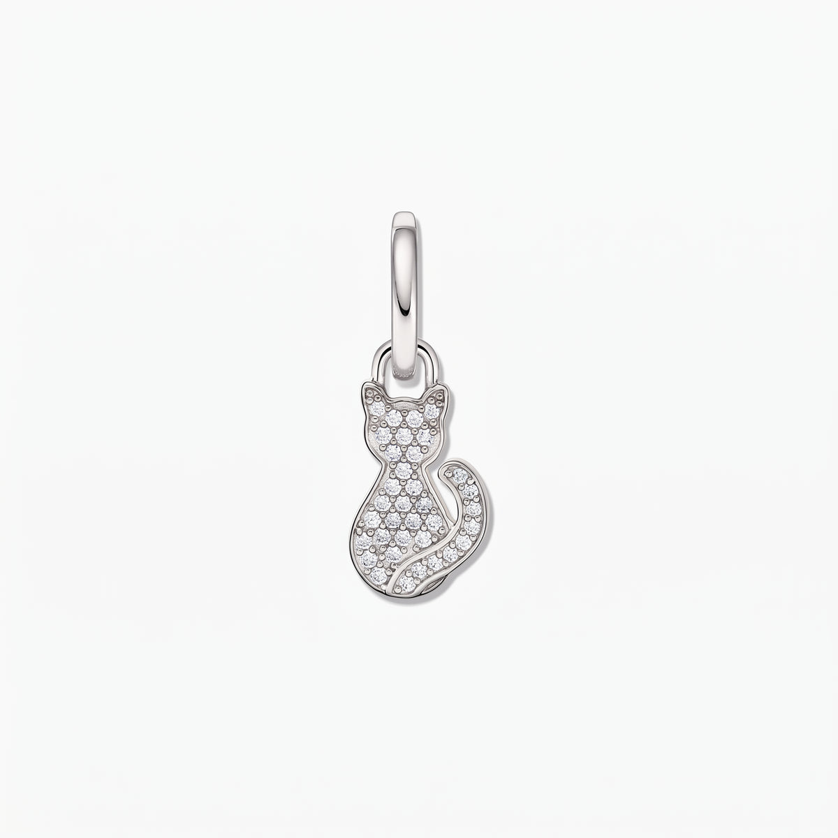 Rhodium‑plated 925 sterling silver cat silhouette pendant with pavé white zirconia on a white background.