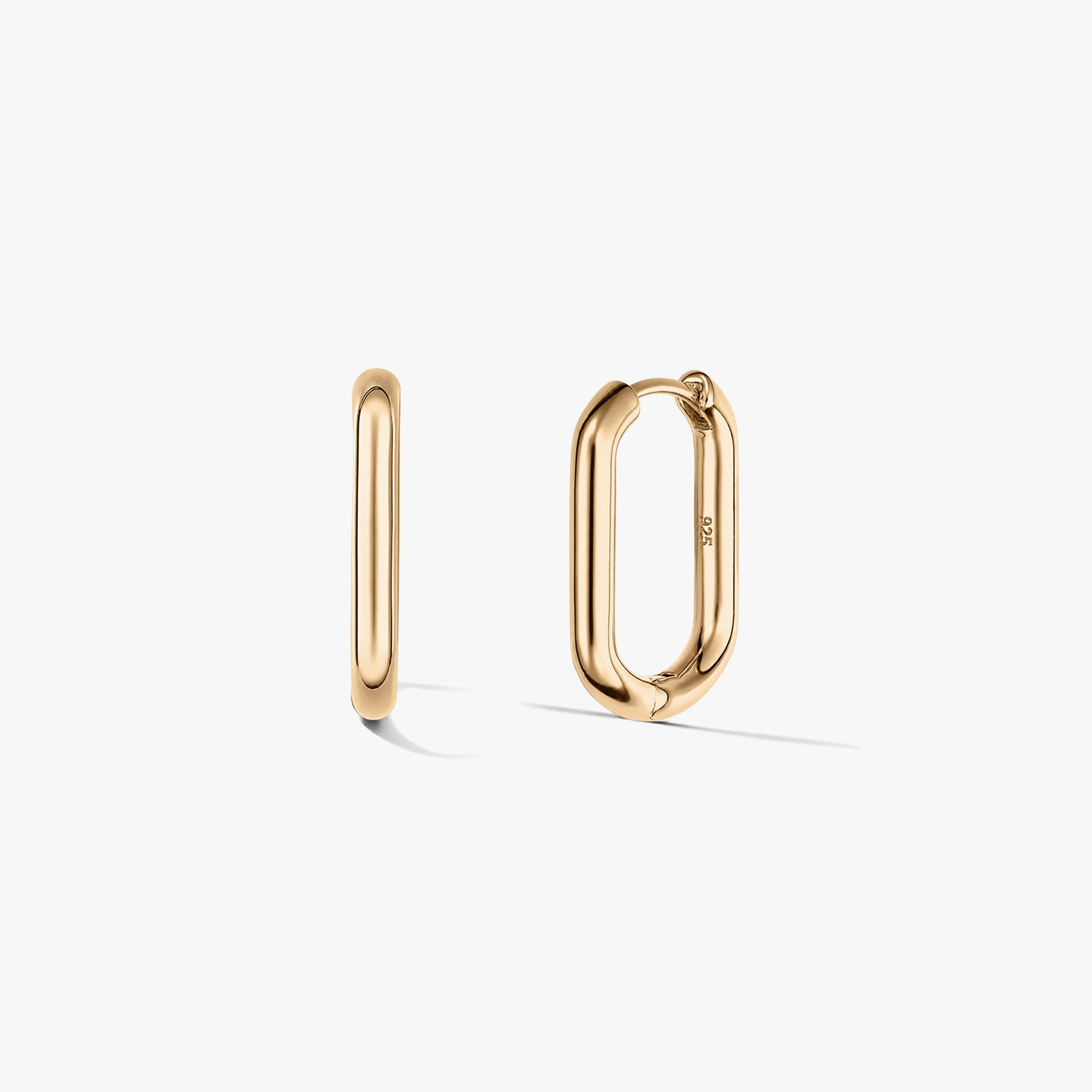 Pair of rectangular gold-plated sterling silver hoop earrings on a white background.