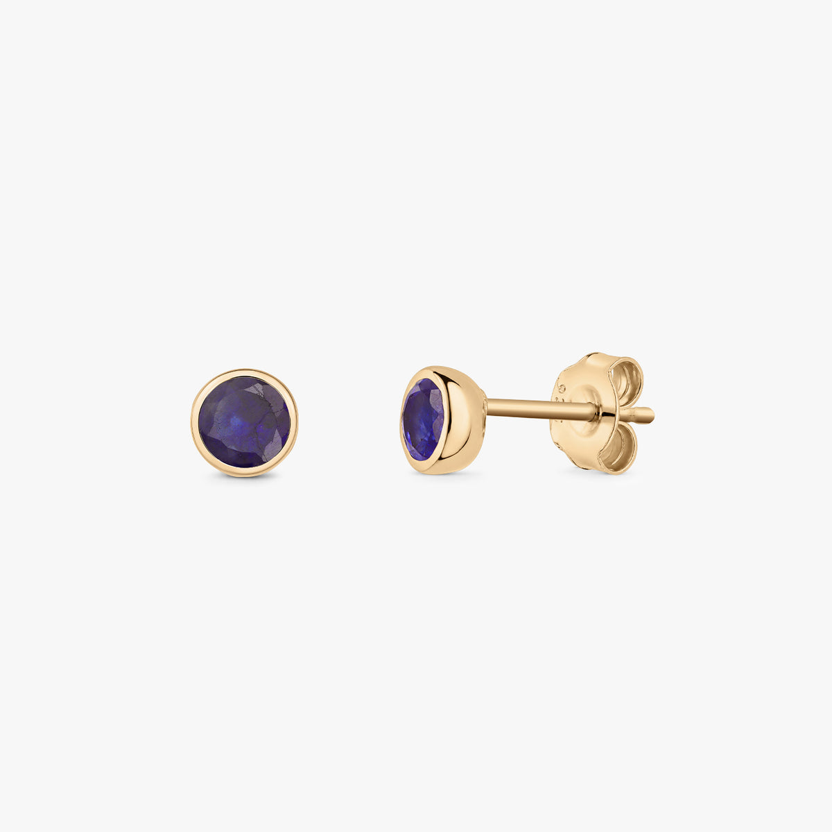 Pair of September birthstone sapphire stud earrings in silver with a golden bezel setting, shown on a white background.