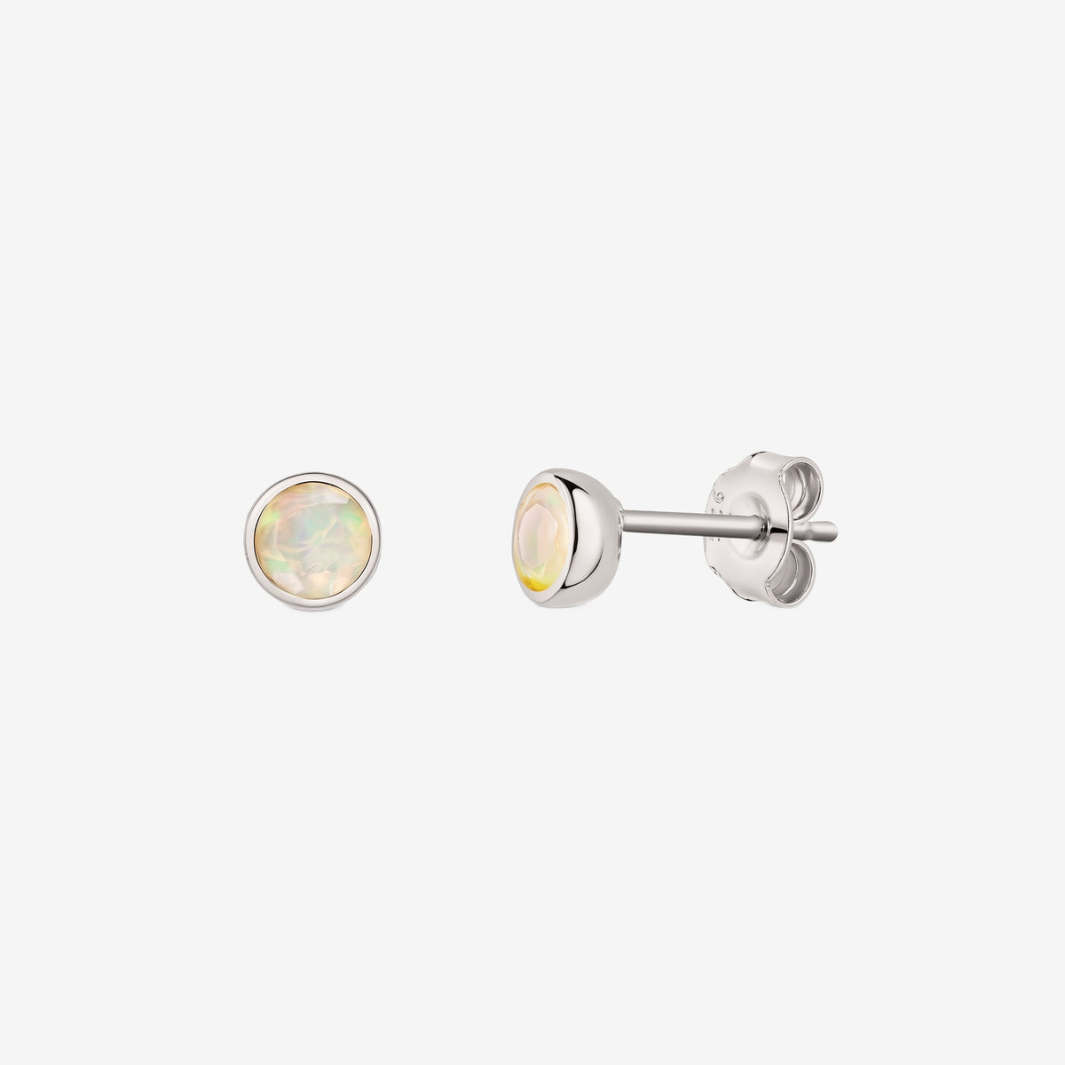 Pair of 925 sterling silver October birthstone stud earrings with round bezel‑set opal; one shown front on and one side view with butterfly back on a white background.