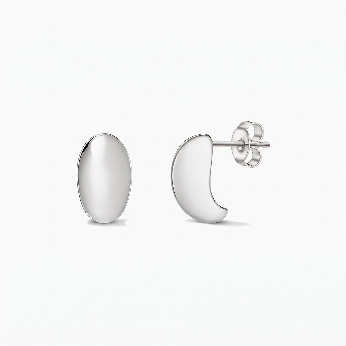 Pair of polished silver Half Dome stud earrings on a white background, shown in front and side views with butterfly backs.