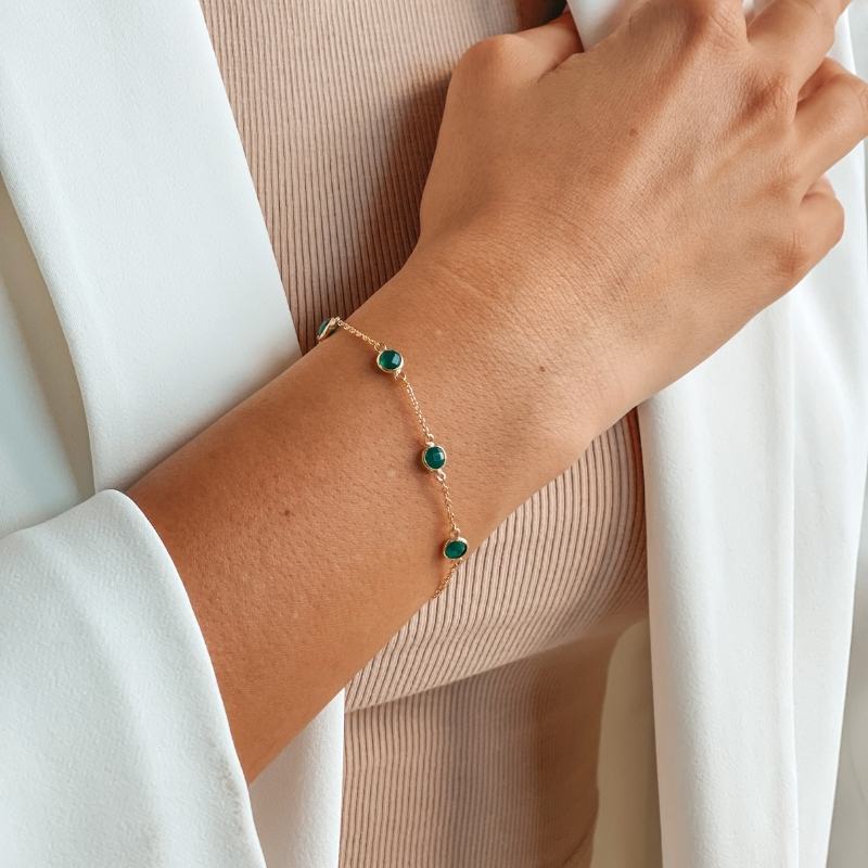 Brățară din argint Birthstone Golden May - Onix Verde