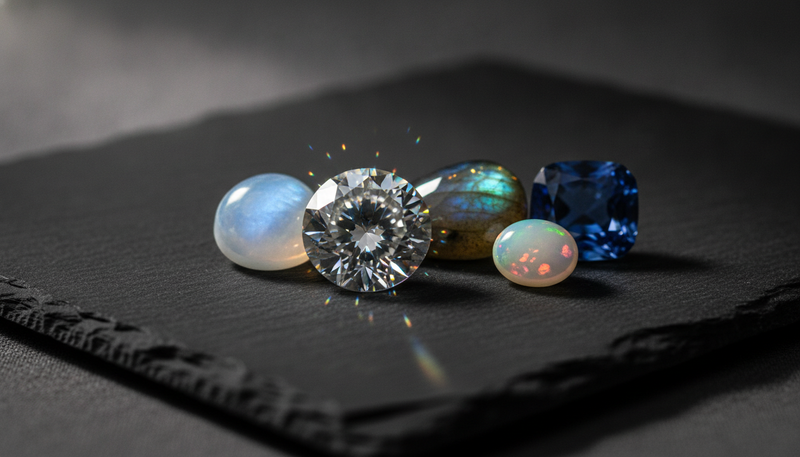 Colecție de pietre naturale care prind lumina — diamant, piatra lunii, labradorit, opal și safir