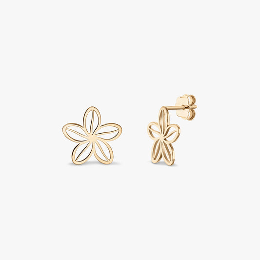Egy pár Wildflower Gold Earrings — 14K sárga arany, áttört, ötszirmú virág formájú bedugós fülbevalók, elölről és oldalról láthatók fehér háttéren.