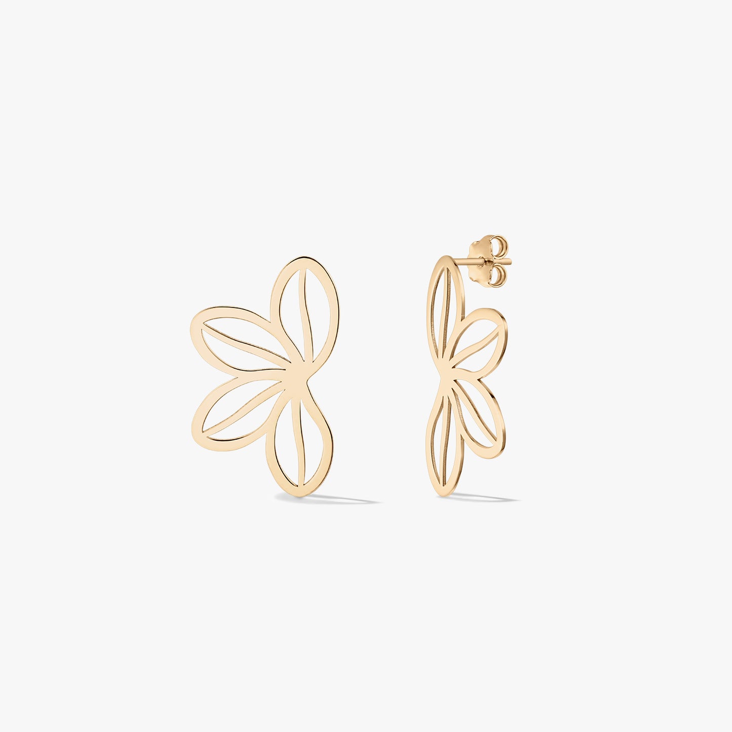 Pair of 14K yellow gold openwork wildflower stud earrings on a white background, shown front and side to display the butterfly backs.