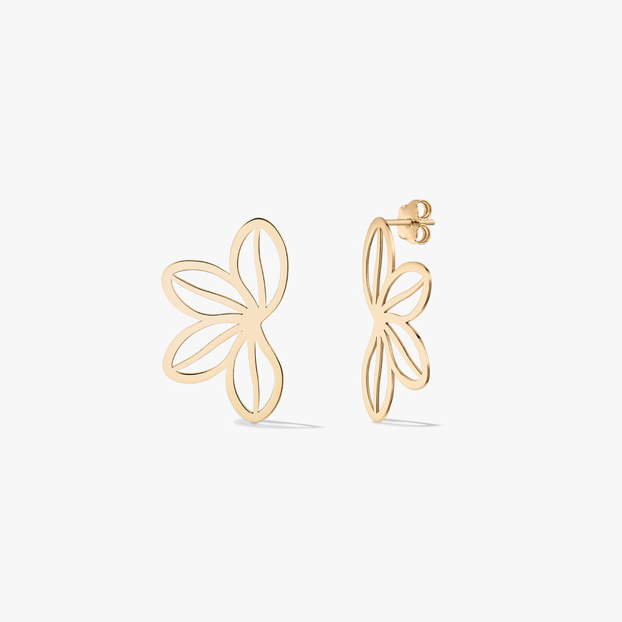 Pair of 14K yellow gold openwork wildflower stud earrings on a white background, shown front and side to display the butterfly backs.