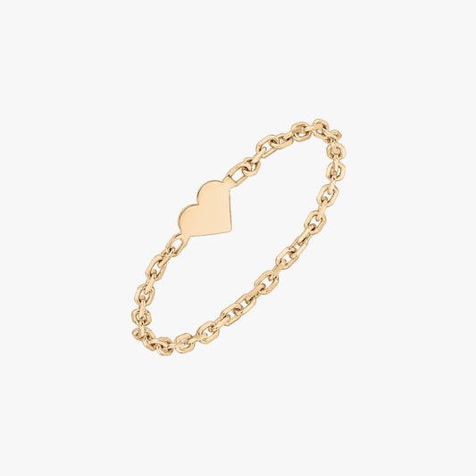 14K yellow gold chain ring with a small polished heart on a white background.