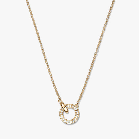 Golden Linked Silver Necklace with a small gold‑tone open circle pendant pavé‑set with clear stones on a fine chain, shown on a white background.