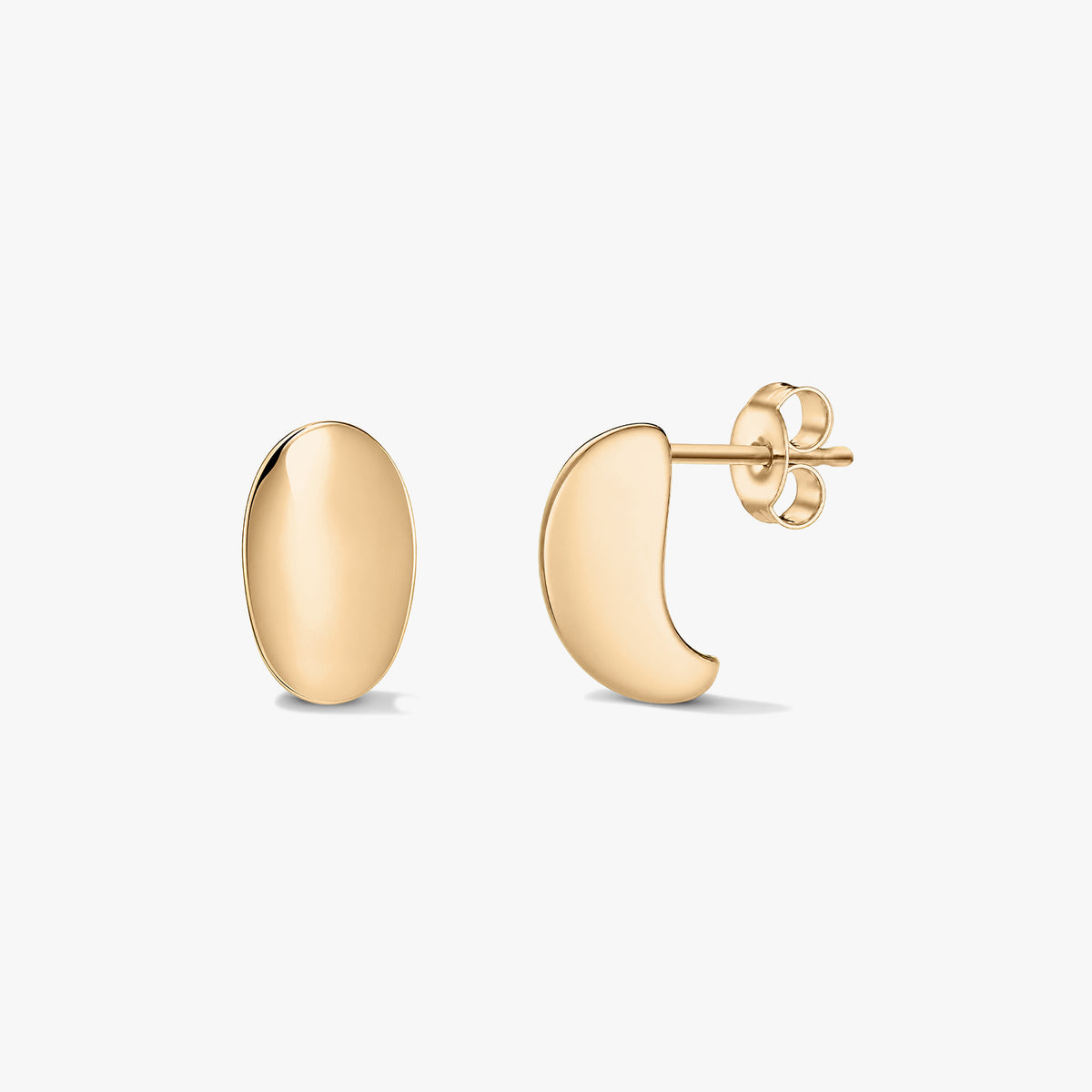 Golden half‑dome silver stud earrings shown on a white background, with one earring in front view and the other in side view showing the post and butterfly clutch.