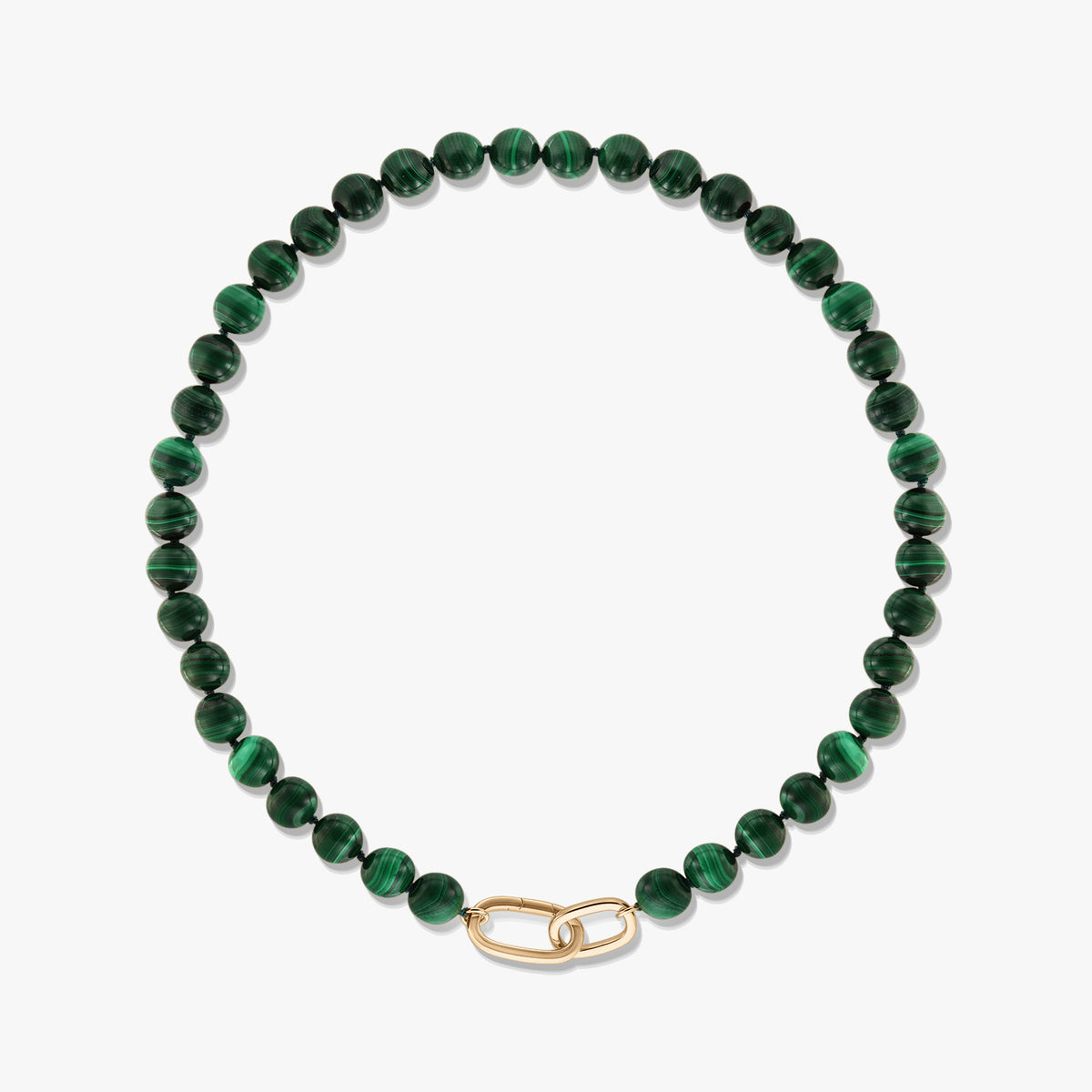 Green malachite beaded necklace with a gold‑plated sterling silver paperclip clasp on a white background.
