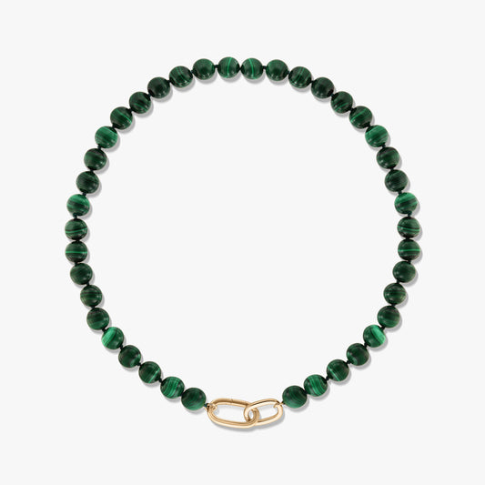 Green malachite beaded necklace with a gold‑plated sterling silver paperclip clasp on a white background.