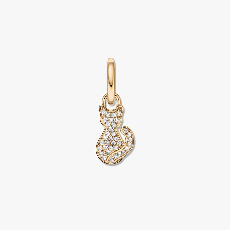 Gold‑tone sterling silver cat pendant with clear cubic zirconia on a white background.