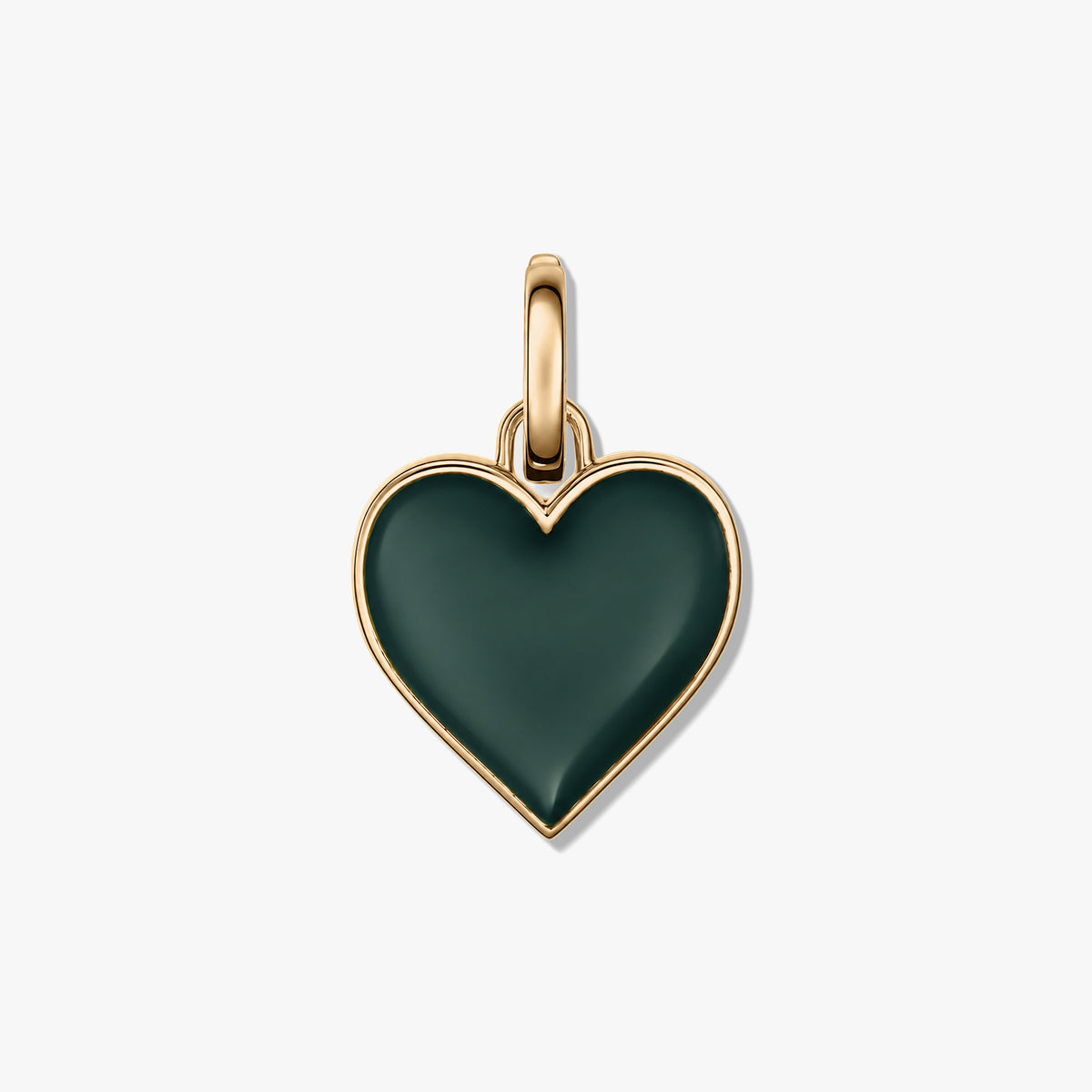Square product photo of a heart-shaped green pendant with a polished metal rim and bail on a white background.
