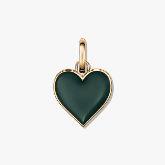 Square product photo of a heart-shaped green pendant with a polished metal rim and bail on a white background.