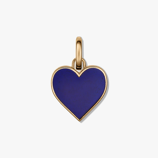 Blue heart-shaped pendant with a gold-tone border and bail on a white background.
