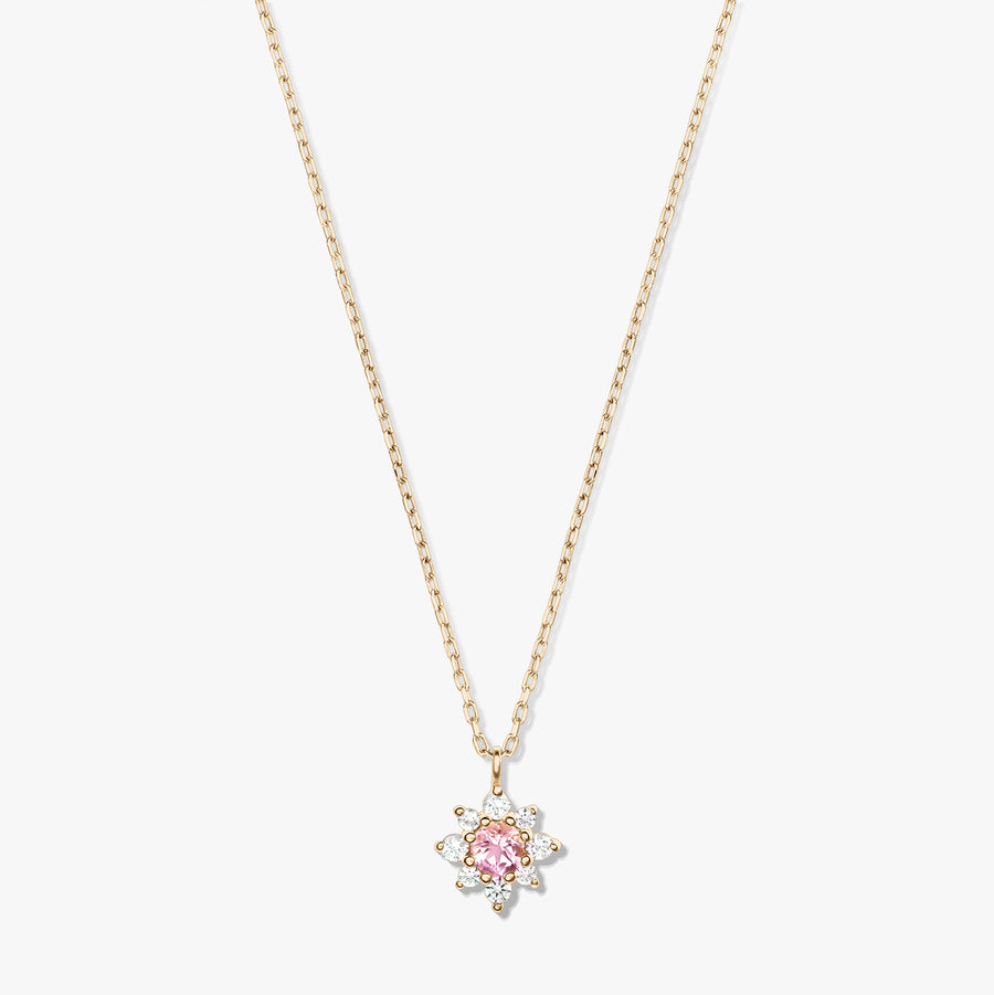 14K yellow gold necklace with a delicate chain and a floral pendant featuring a pink morganite center surrounded by white sapphires on a white background.