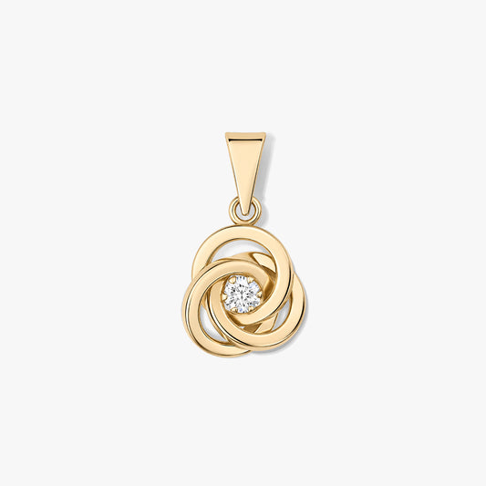 Eternal Knot gold pendant with interlocking yellow‑gold loops and a central round clear stone on a white background.