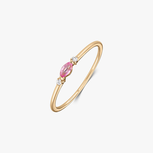 14k yellow gold ring with a marquise-cut pink sapphire centered between two small round natural diamonds on a white background.