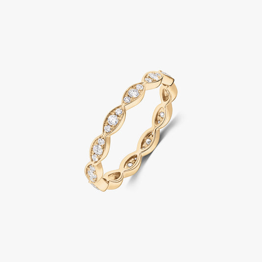 Luna 14K yellow gold ring with natural round diamonds set in marquise-shaped links, isolated on a white background.