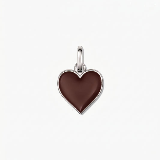 Rhodium-plated 925 sterling silver heart pendant with a glossy brown enamel center, isolated on a white background.