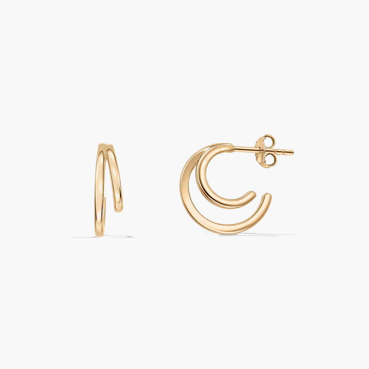 Pair of double‑hoop stud earrings in polished 925 silver with a gold‑tone finish, shown front and side on a white background.