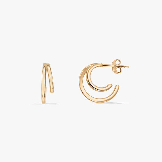Pair of double‑hoop stud earrings in polished 925 silver with a gold‑tone finish, shown front and side on a white background.