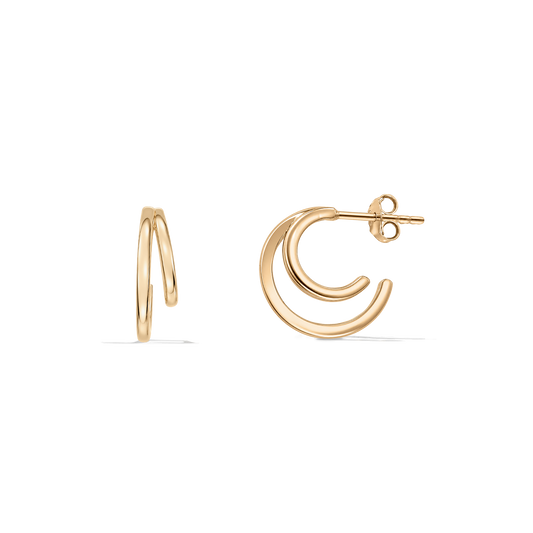 Pair of double hoop stud earrings in polished gold‑tone 925 sterling silver, shown in front and side views on a transparent background.