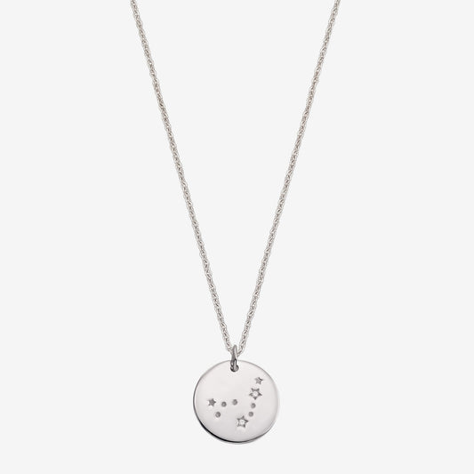 Dainty 925 sterling silver Capricorn zodiac disc pendant necklace with white sapphire accents, photographed on a white background.