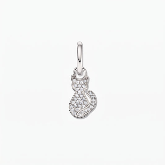 Rhodium‑plated 925 sterling silver cat silhouette pendant with pavé white zirconia on a white background.