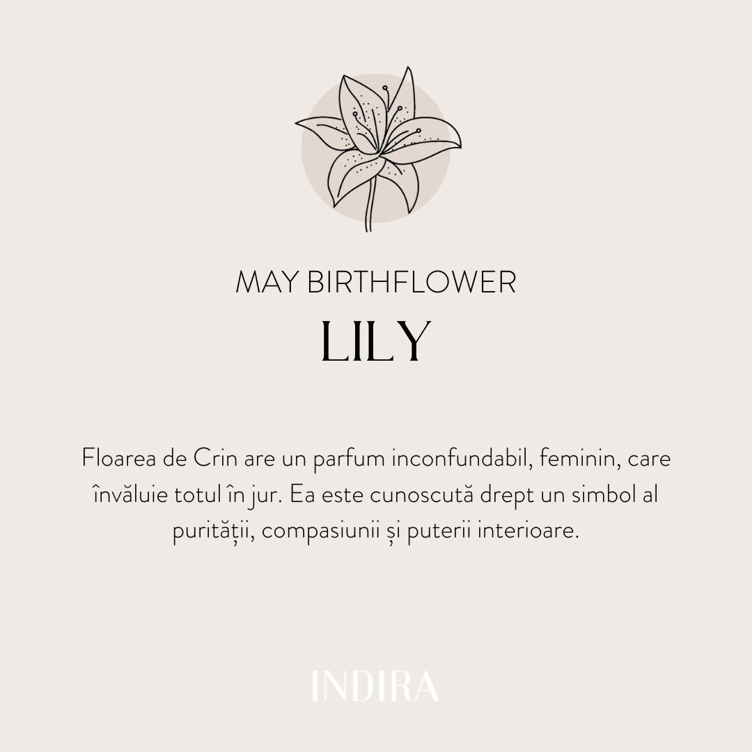 Square beige graphic with a line-drawn lily above the headline “May Birthflower — Lily,” followed by Romanian text about the flower’s symbolism; Indira logo at the bottom.