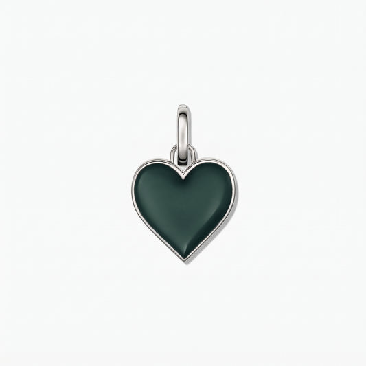 Sterling silver heart pendant with a glossy dark green inlay on a white background.