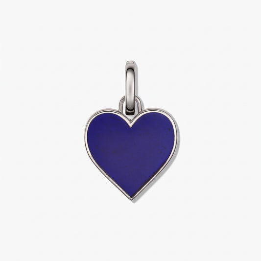 Silver heart pendant with a deep blue inlay, centered on a white background.