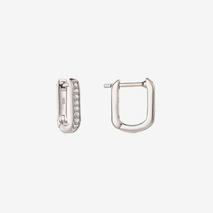 Pair of sterling silver U-shaped huggie hoop earrings with clear zirconia pavé, one shown open to display the hinged clasp, isolated on a white background.