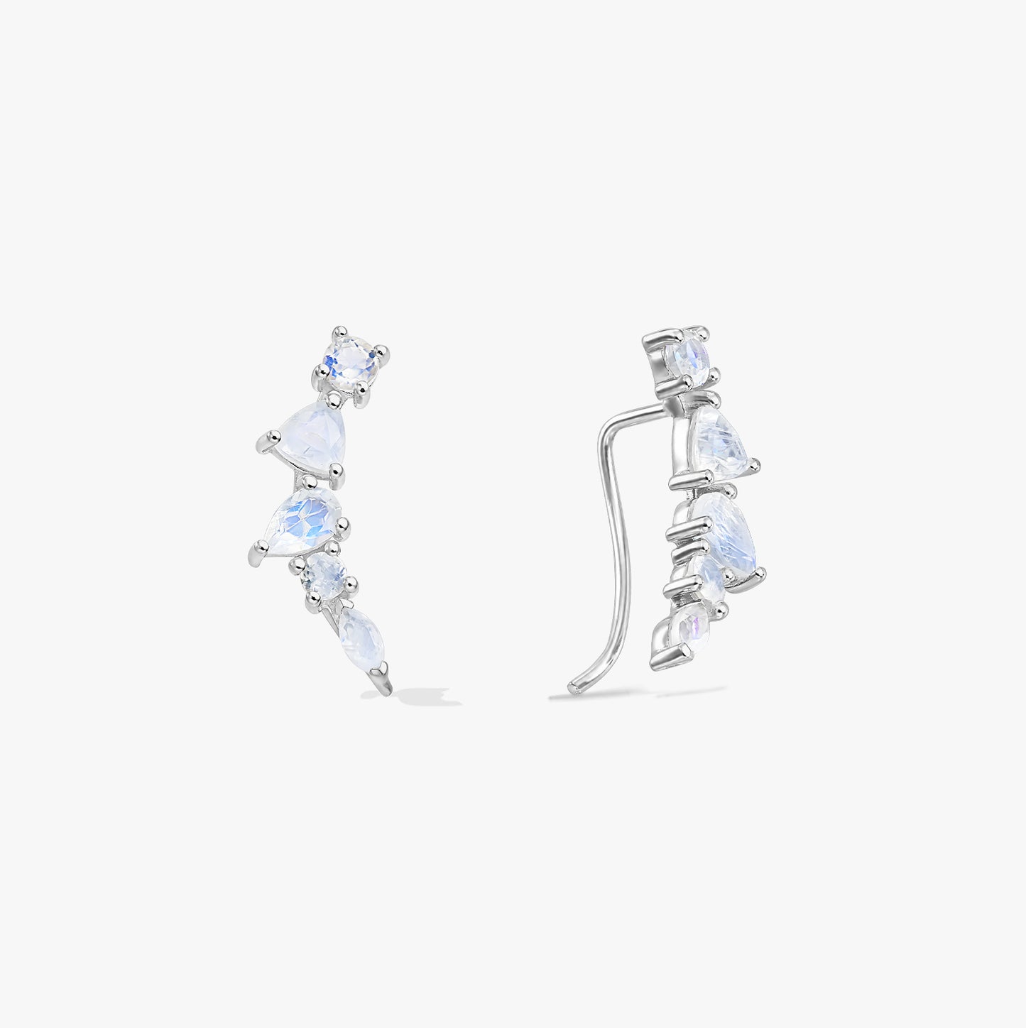 Pair of sterling silver moonstone ear climber earrings shown in front and side view on a white background.