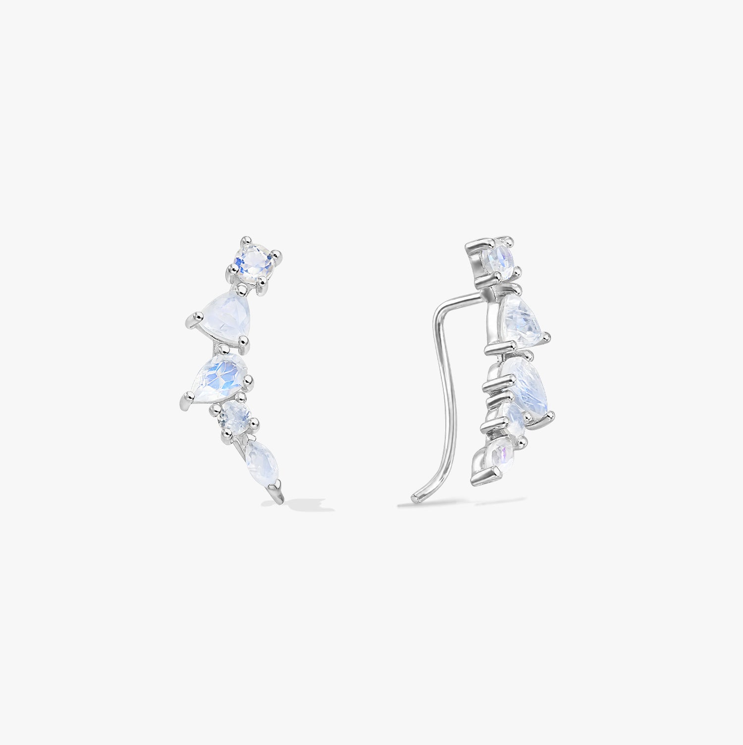 Pair of sterling silver moonstone ear climber earrings shown in front and side view on a white background.