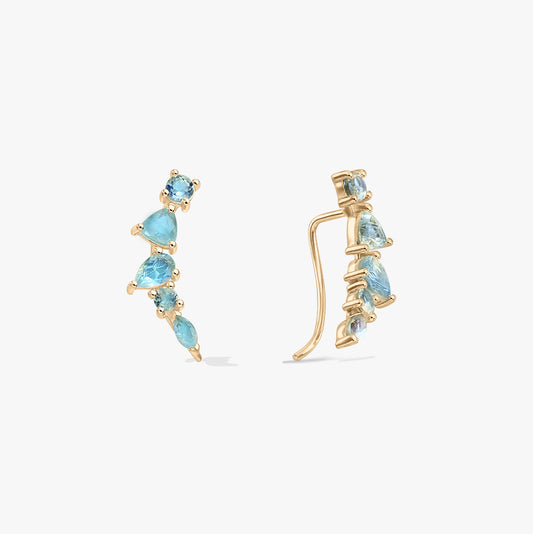 Pair of gold-plated sterling silver ear climber earrings set with blue labradorite stones, shown front and side on a white background.
