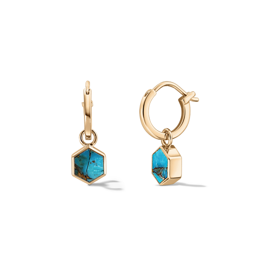 Pair of small gold-tone 925 silver hoop earrings with hexagon turquoise Blue Copper stone charms on a clean, transparent background.