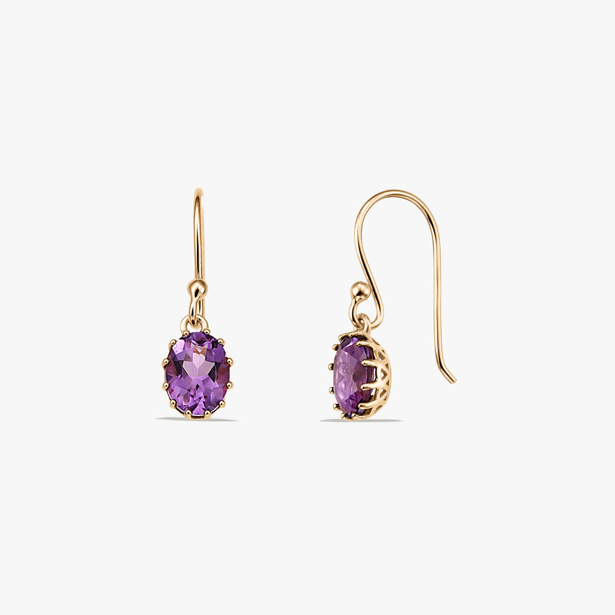 Pair of gold‑plated sterling silver drop earrings with oval faceted amethyst stones, shown front and side on a white background.
