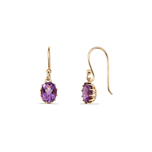 Front and side views of gold‑plated sterling silver drop earrings with oval faceted amethyst stones on hook wires, isolated on a transparent background.