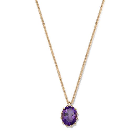 Gold-plated 925 silver necklace featuring an oval faceted amethyst pendant on a delicate chain, isolated on a transparent background.