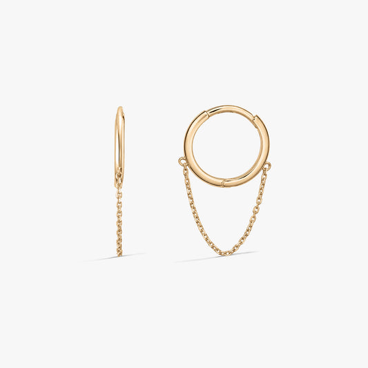 Gold chained hoop earrings on a white background, shown in front and side views with a delicate chain detail.