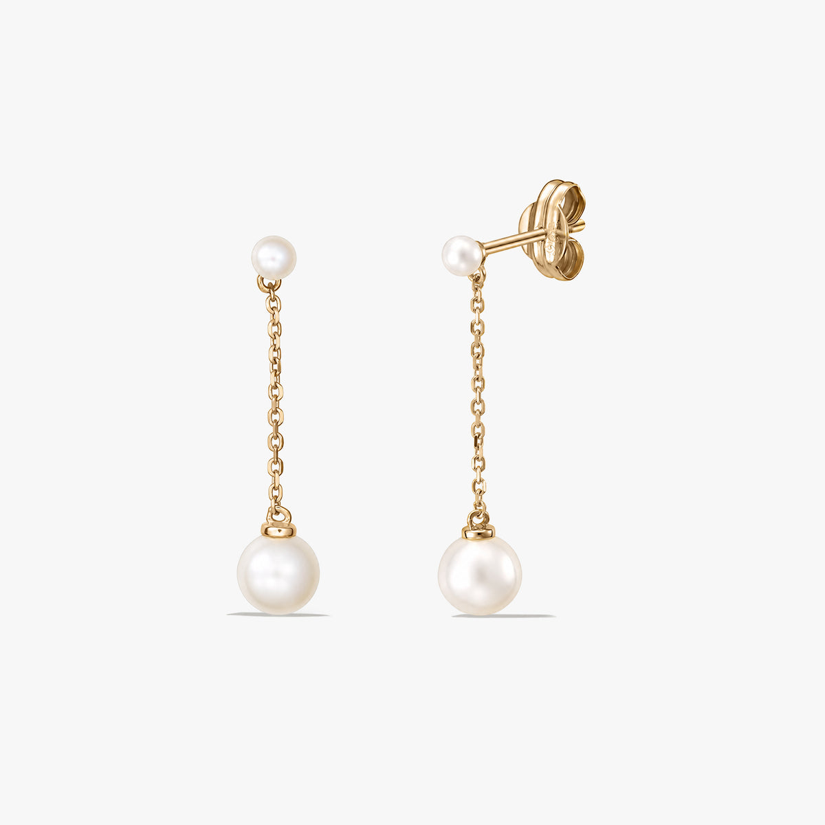 Pair of gold chain drop stud earrings featuring cultured pearl dangles on a white background.