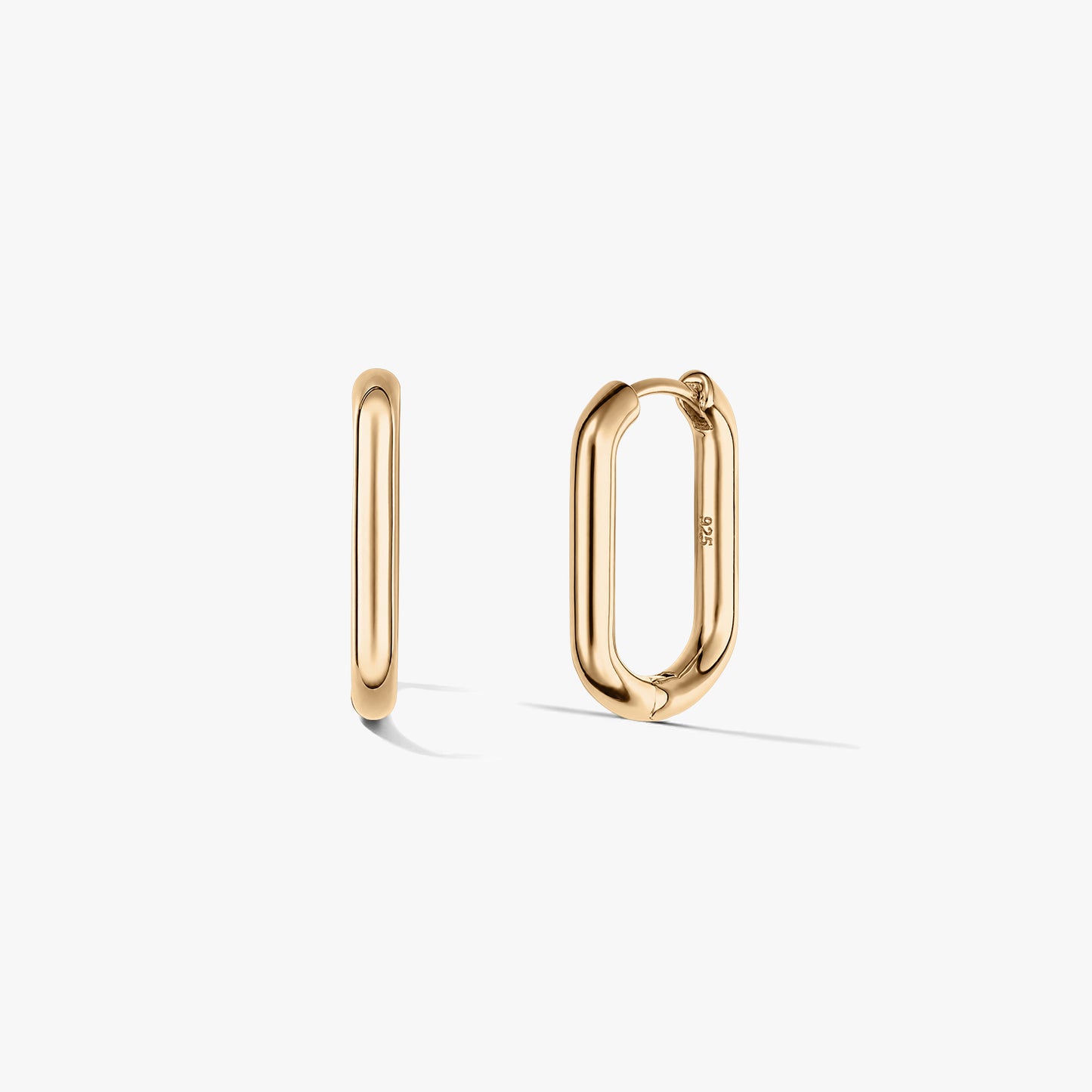 Pair of rectangular gold-plated sterling silver hoop earrings on a white background.