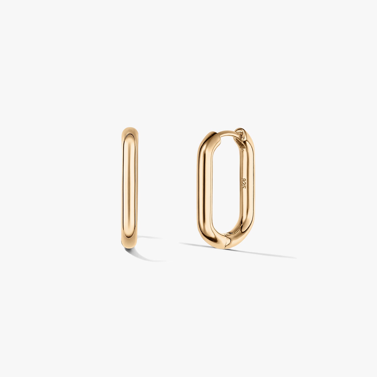 Pair of rectangular gold-plated sterling silver hoop earrings on a white background.