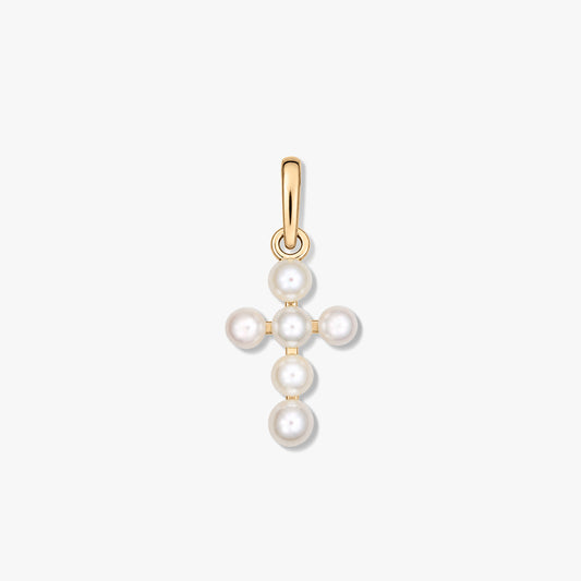 Gold pendant featuring a cross made of small round white natural pearls, set with a yellow-gold bail on a clean white background.